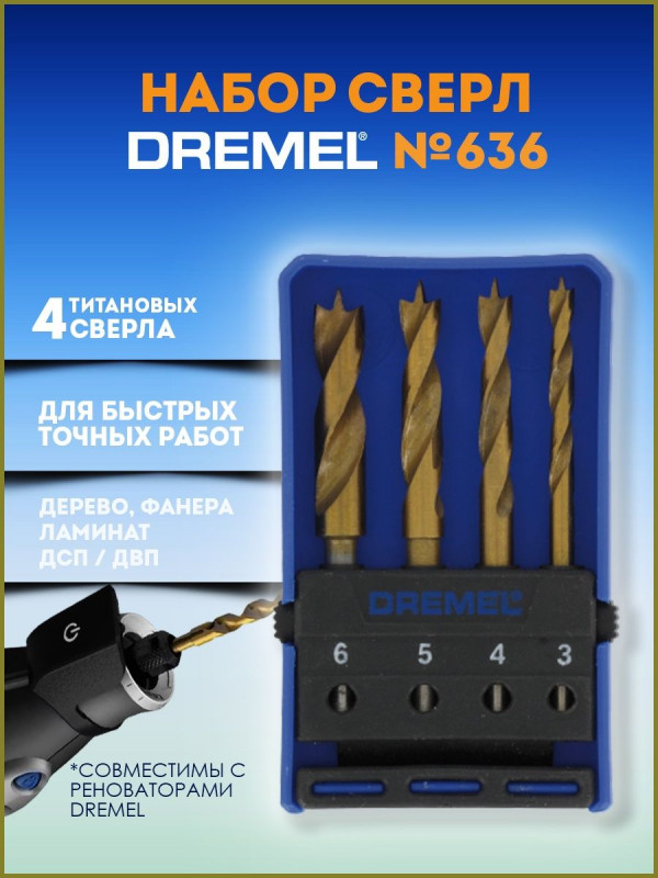 Набор сверл по дереву для реноватора 4шт в футляре №636 Набор сверл по дереву для реноватора 4шт в футляре №636